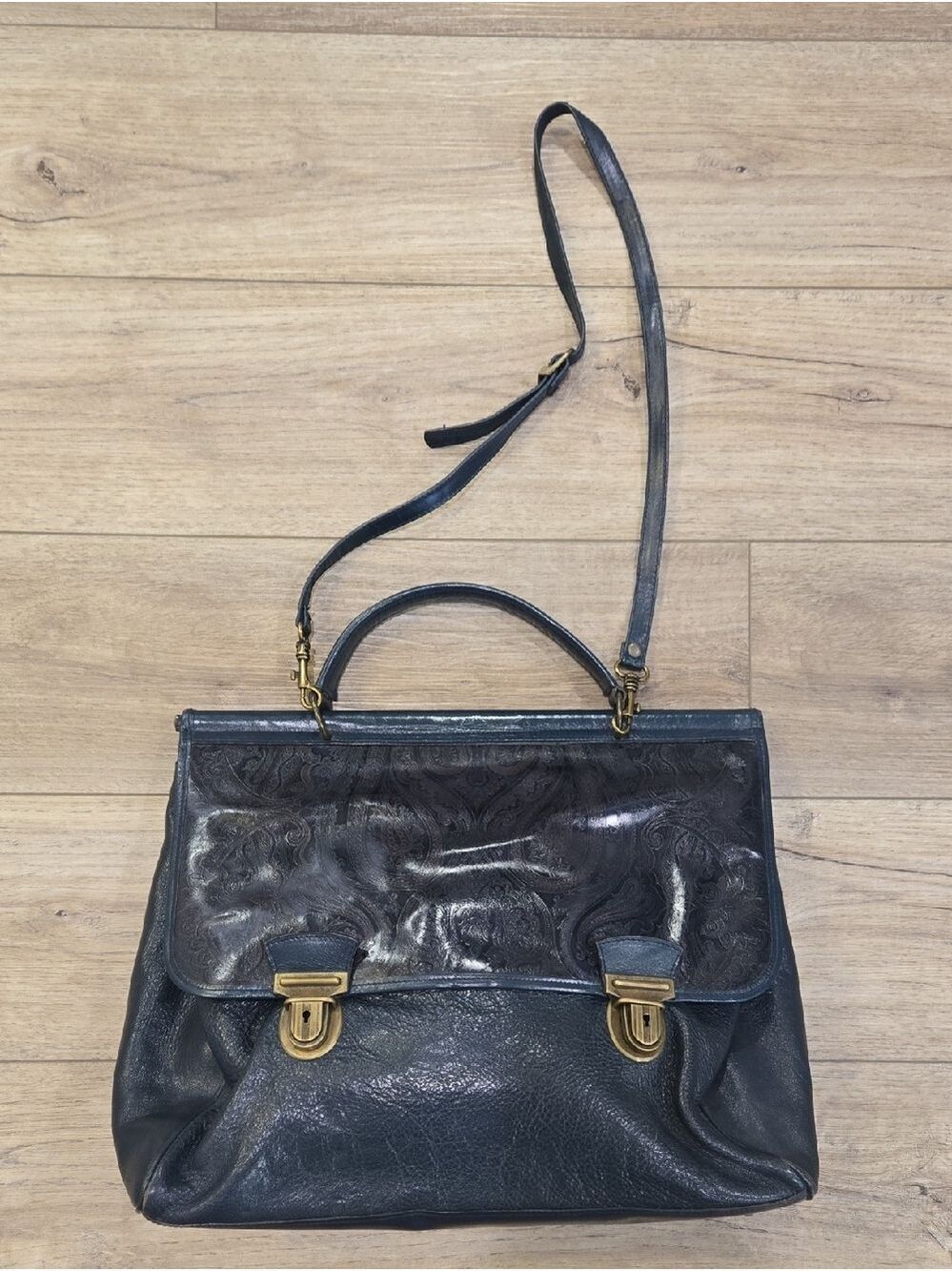 Vintage Italian Made Leather Flap Satchel Handbag with Brass Hardware